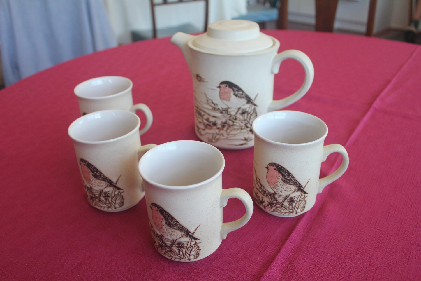 Vintage Ashdale Pottery England Robin Tea Set – Teapot + 4 Mugs – c1981