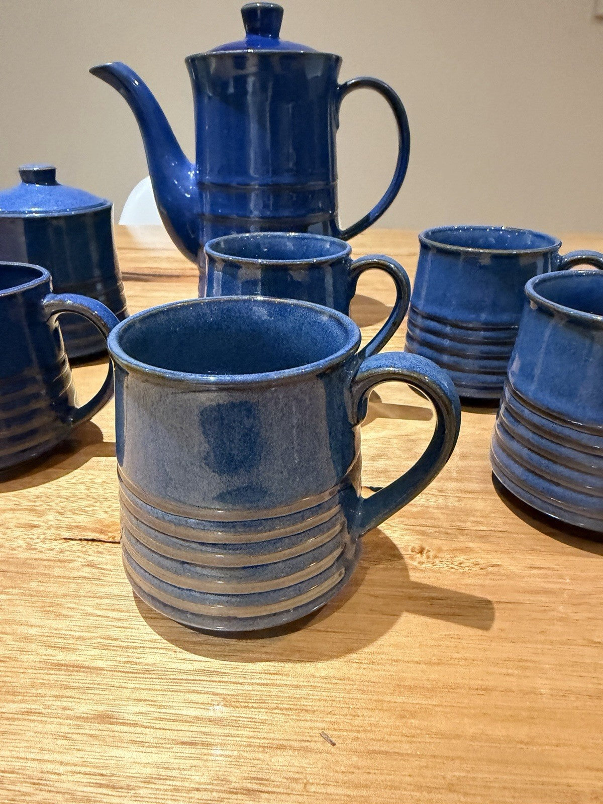 Mid Century Japanese Blue Pottery Coffee Set Teapot Mugs Creamer 1960s 7pc