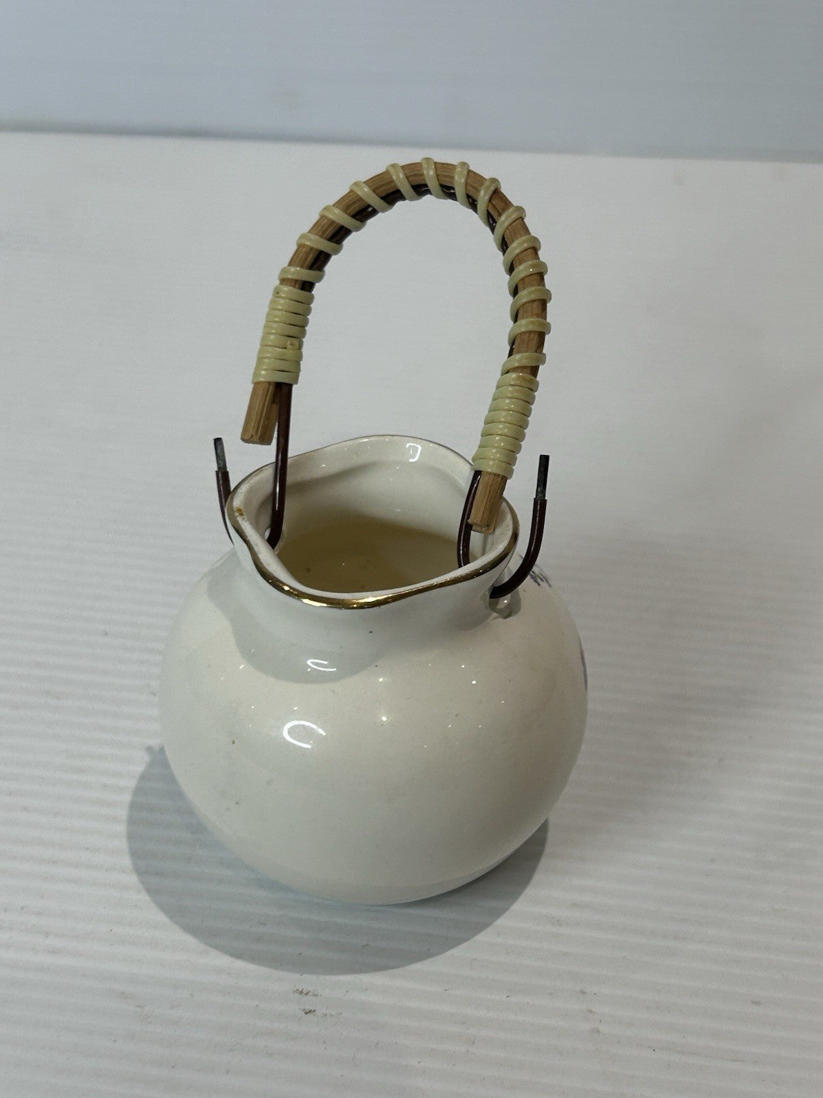Mini Japanese Ceramic Basket Vase w/ Handle Floral Cart Motif Made in Japan