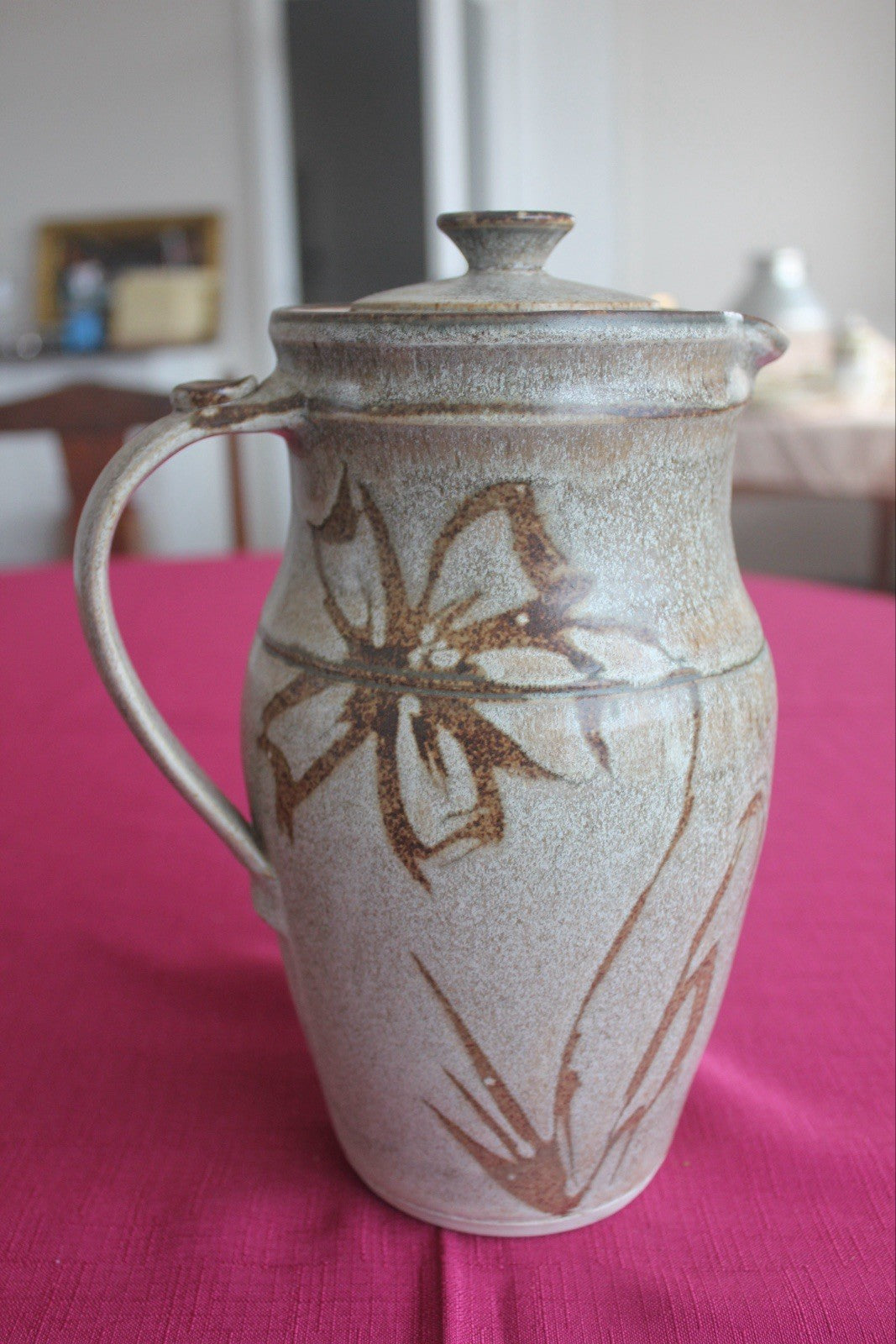 Vintage Studio Pottery Lidded Jug Hand Thrown Floral Stoneware ~23cm