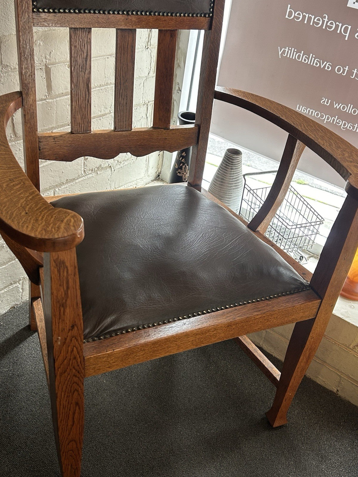 Antique Arts & Crafts Oak Carver Chair Leather Dining Chair c1905