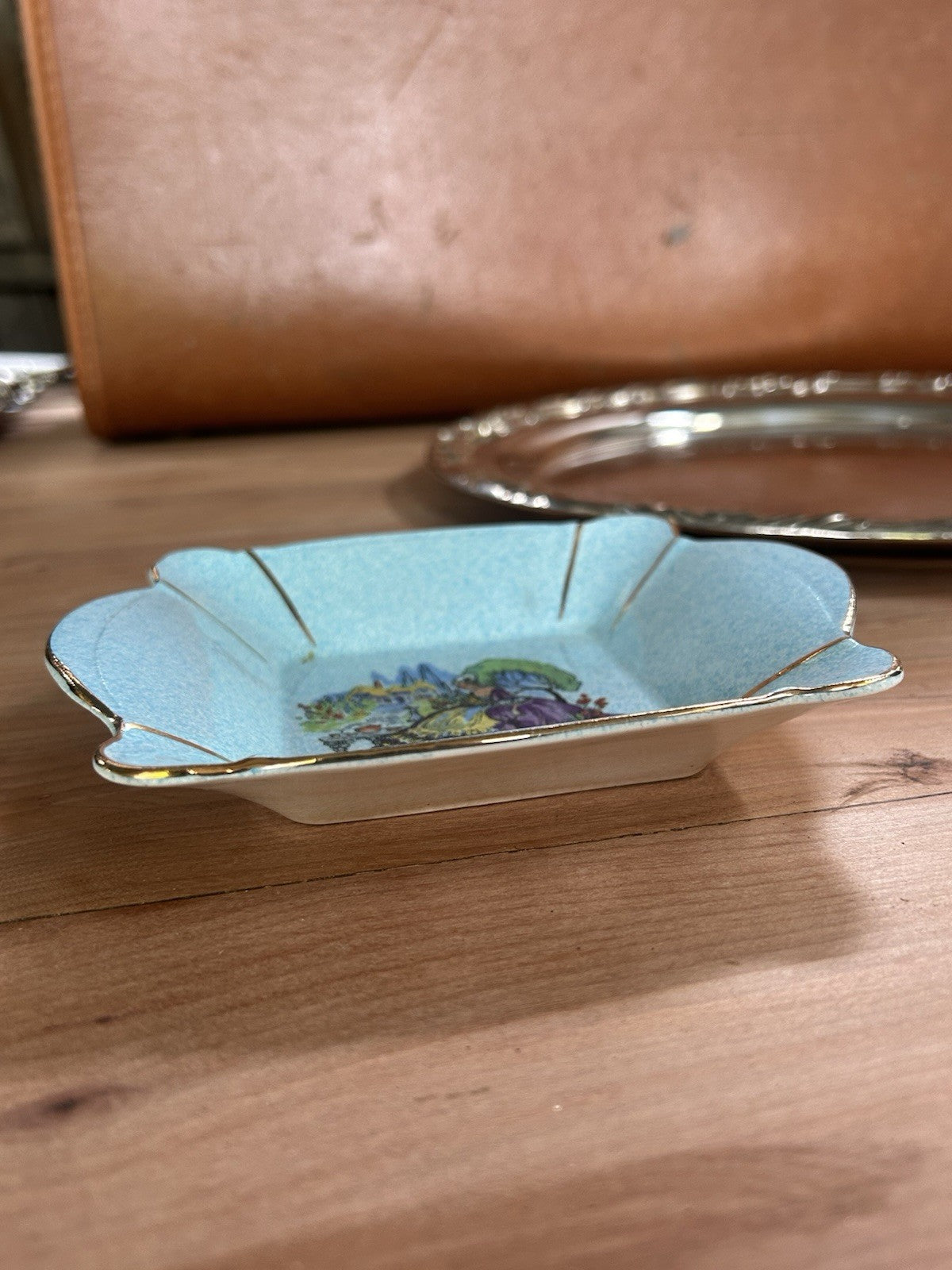 H. Aynsley & Co England Blue Crinoline Lady Dish Vintage Square Bowl 17cm