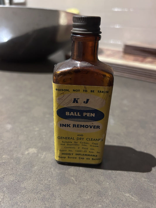 Vintage KJ Ball Pen Ink Remover Bottle c1950s Amber Glass Chemist Label