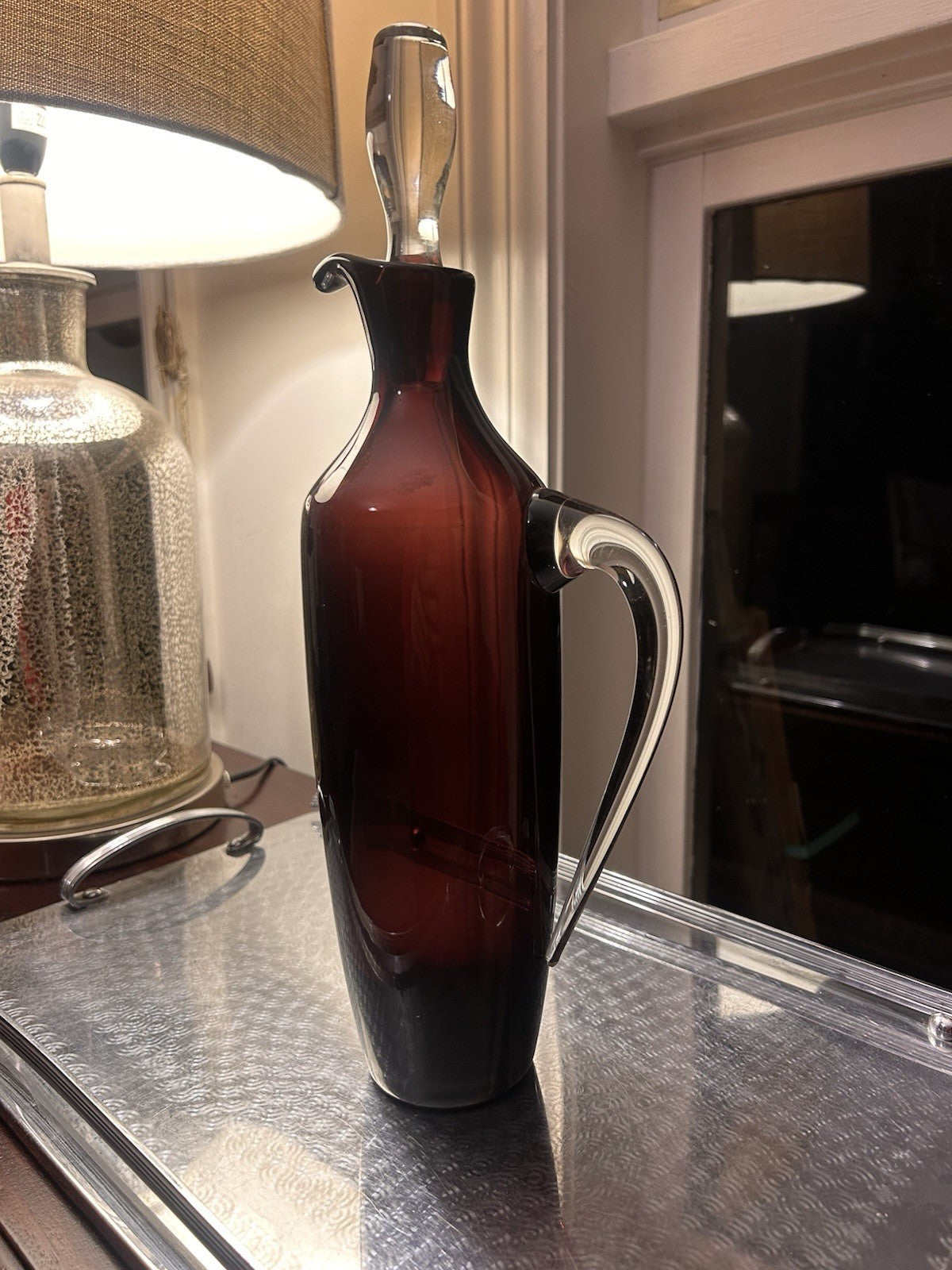 Vintage Ruby Red Art Glass Decanter Bottle w Stopper & Handle Murano Style 36cm 