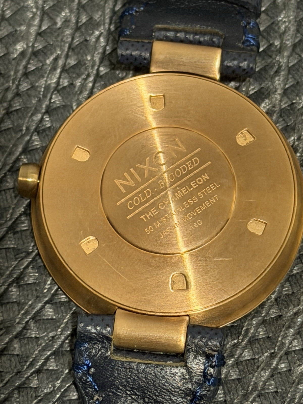 Nixon The Chameleon Gold Tone Blue Leather Quartz Watch Japan Movt 50m