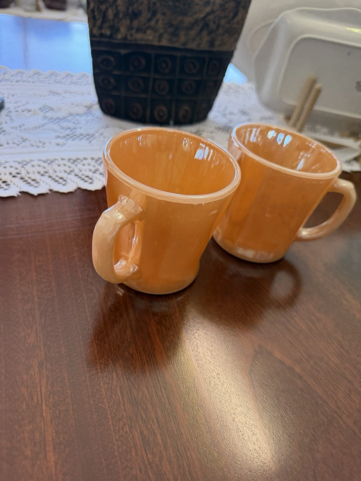 Vintage Fire-King Peach Lustre D-Handle Mugs x2 Anchor Hocking USA Milk Glass