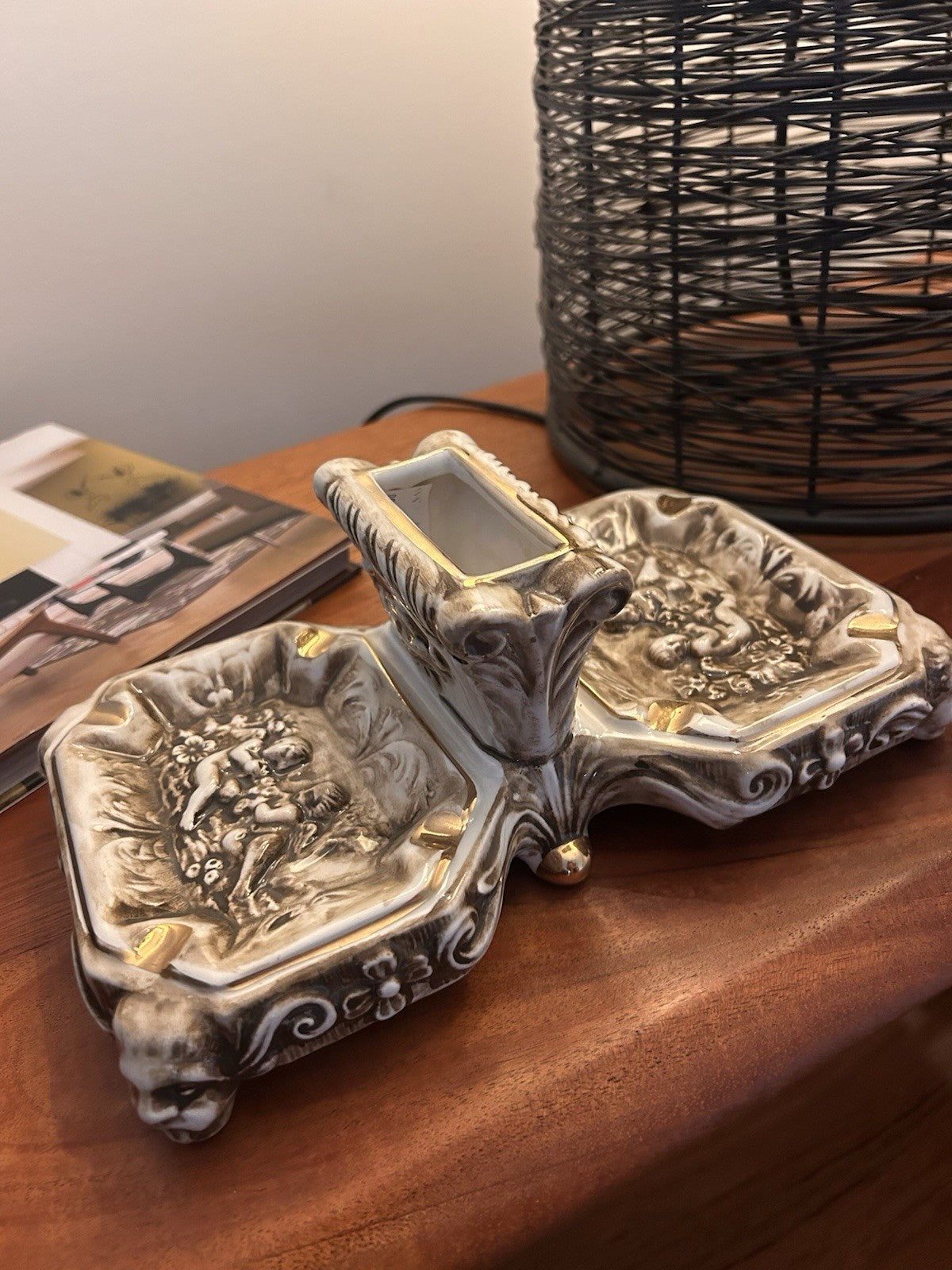 R Capodimonte Large Porcelain Smoking Desk Set Cherubs Italy c1950s