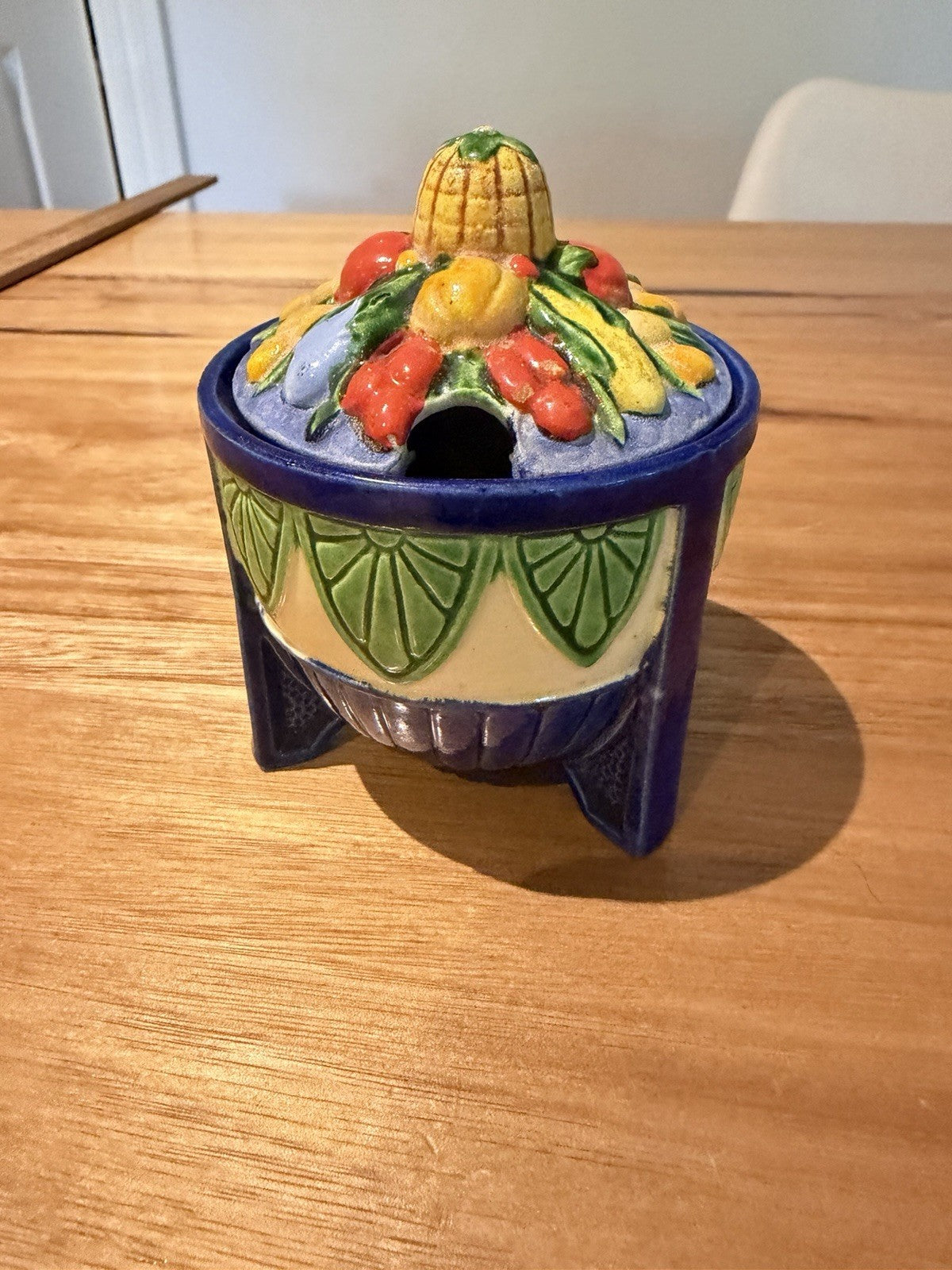 Vintage Japanese Majolica Sugar Bowl Fruit Pineapple Lid Footed Made Japan