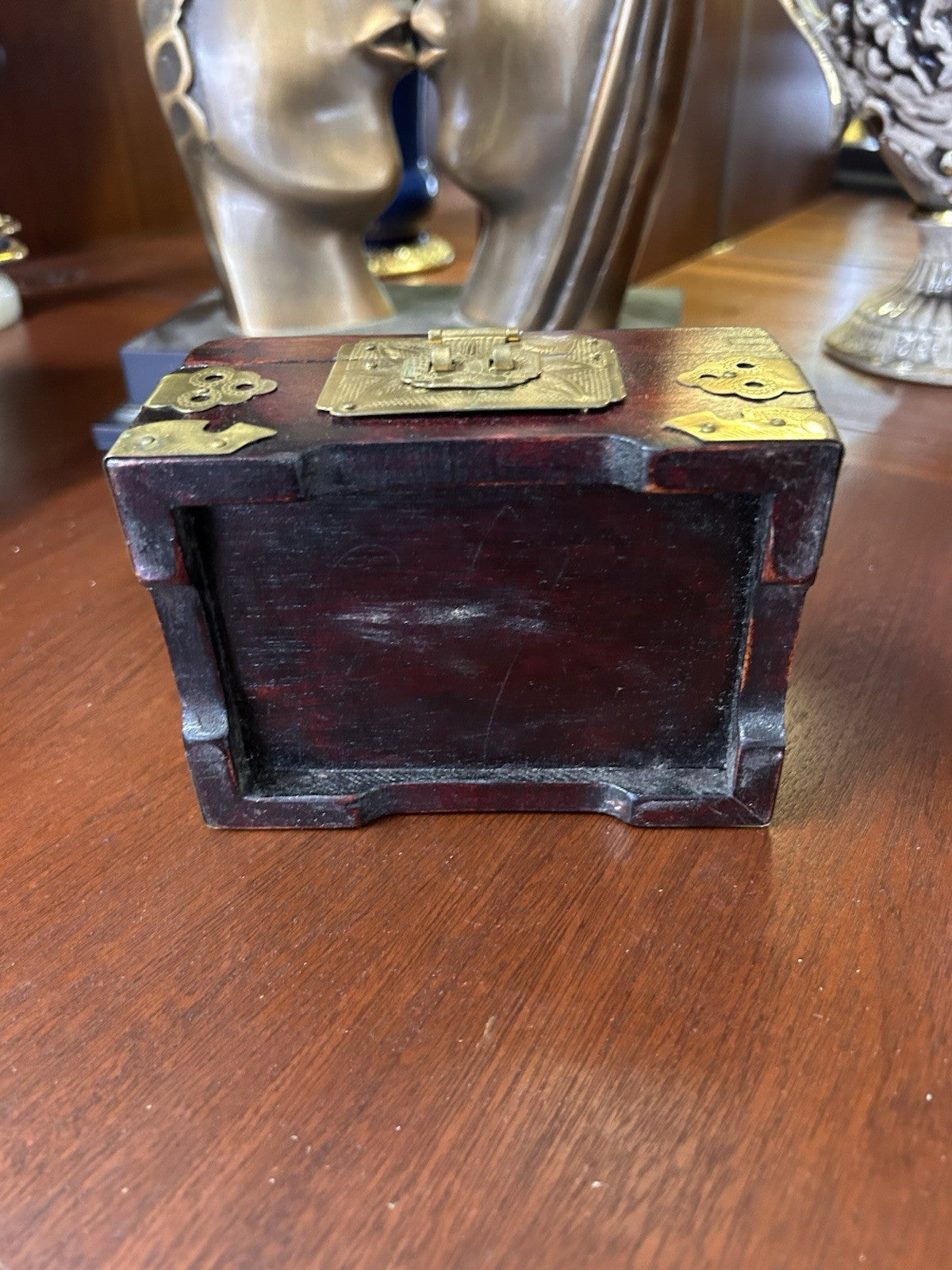 Vintage Wooden Jewellery Box Brass Mounts Red Silk Lined Asian Style