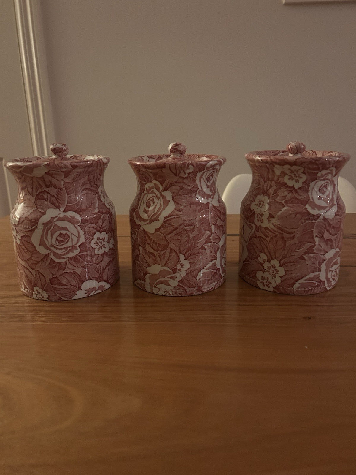 Vintage Burleigh Victoria China Tea Coffee Sugar Canisters Red Floral Set