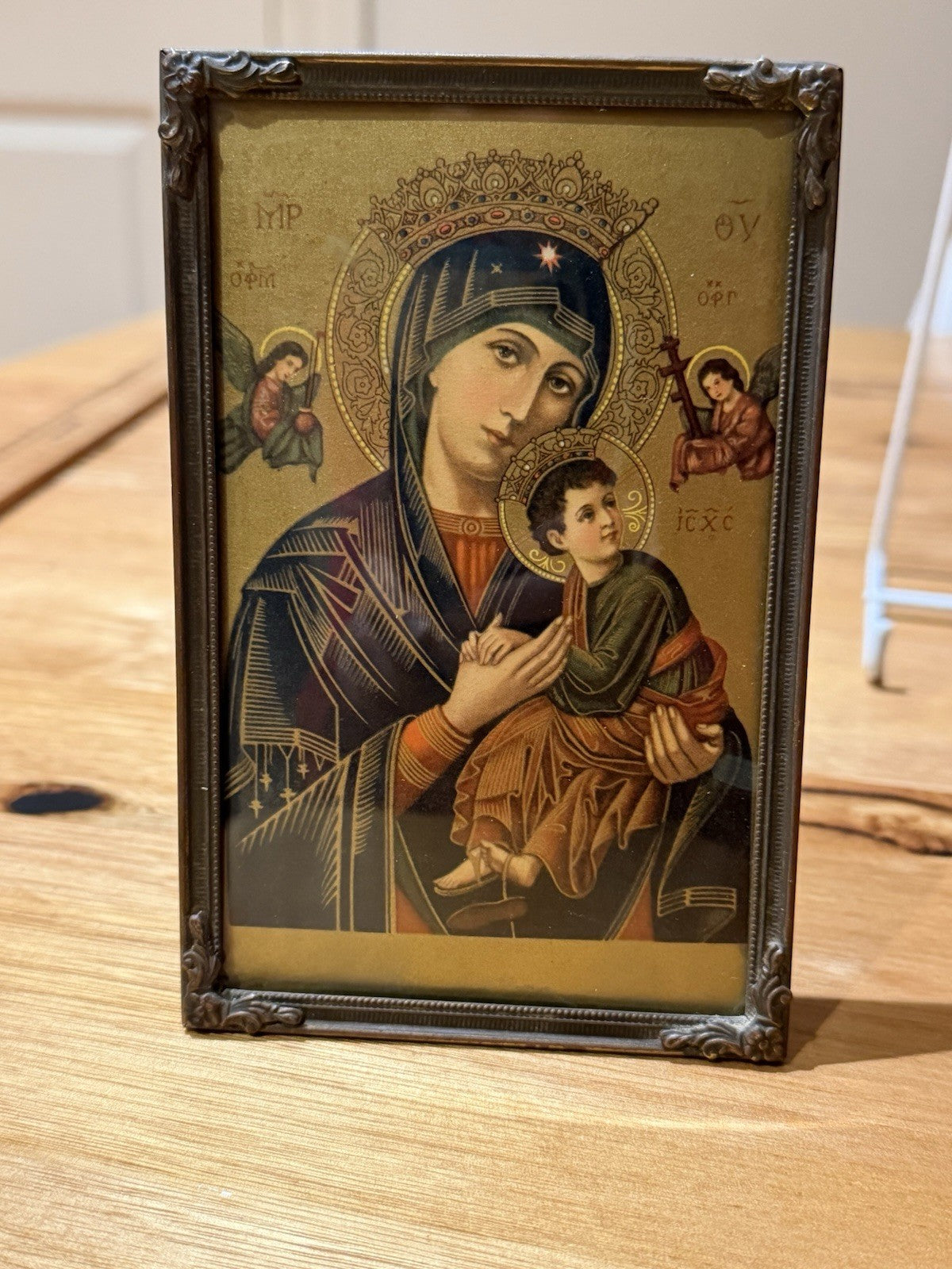 Vintage Swiss Our Lady of Perpetual Help Framed Icon Print c1930s Embossed
