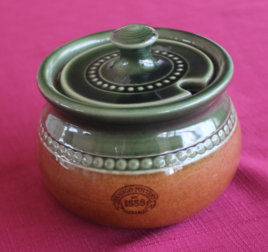 Vintage Bendigo Pottery Lidded Jar – Green & Brown Glaze – Australia