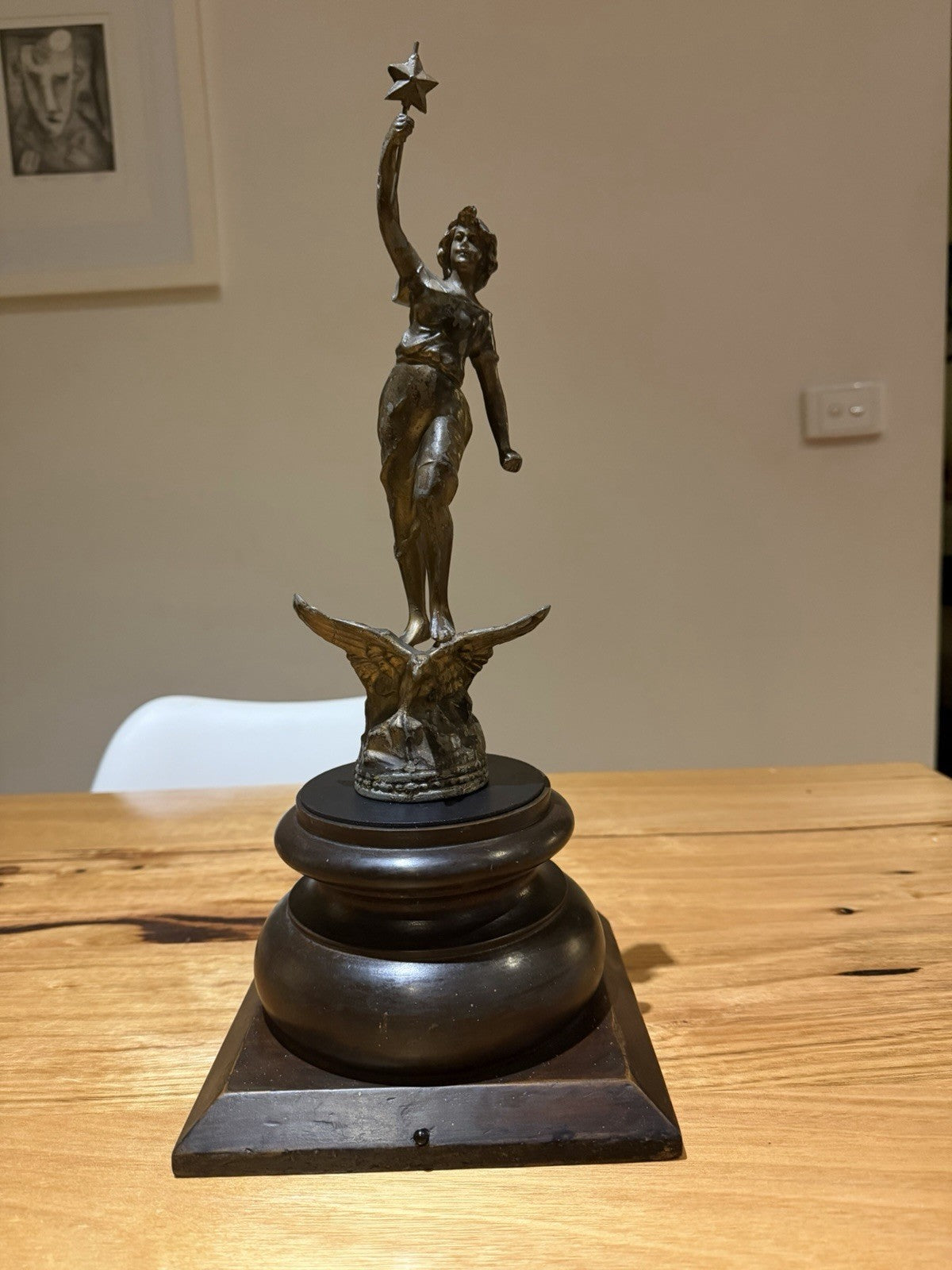 La Nuit Spelter Sculpture Lady With Star Eagle Figure on Timber Plinth