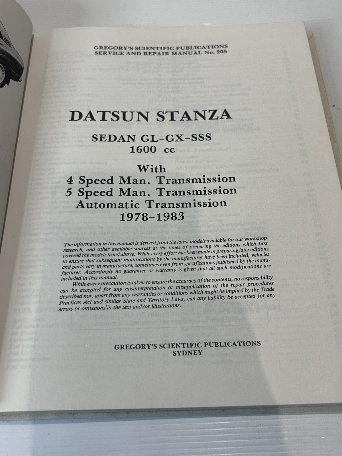 Gregory’s Datsun Stanza 1600 Repair Manual No. 205 Sedan 1978–1983 HC