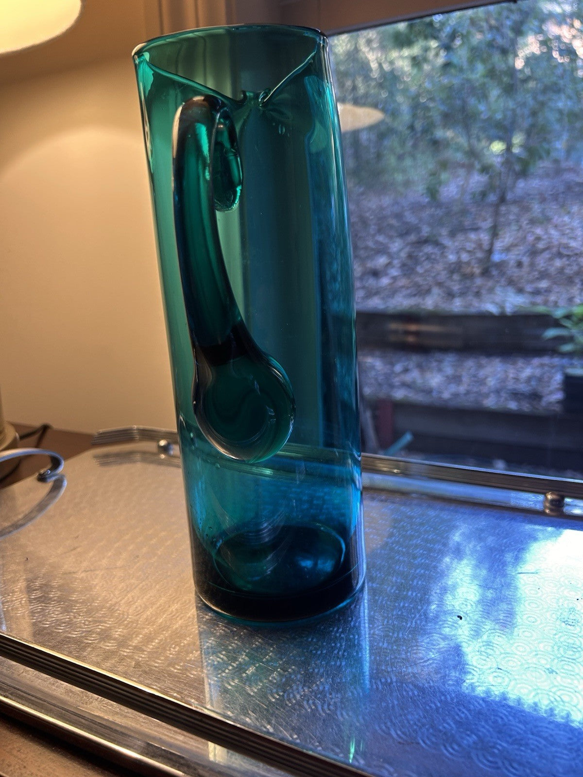 Vintage Scandinavian Teal Art Glass Pitcher 27cm Mid Century c1970 