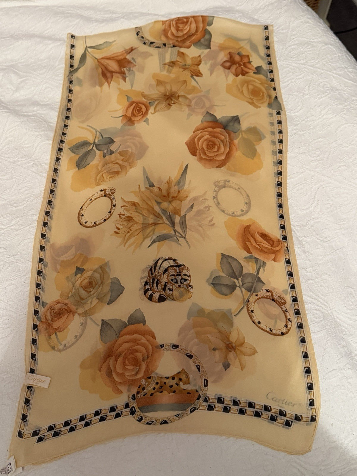 Vintage Cartier Paris Silk Scarf 162cm Panther Jewellery Roses Floral Stole