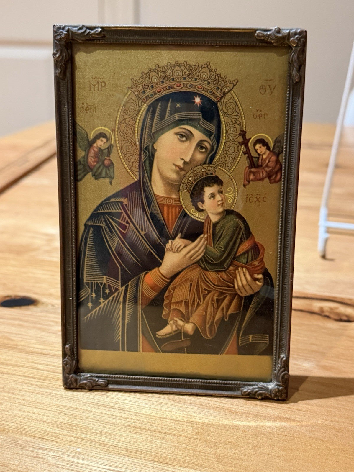 Vintage Swiss Our Lady of Perpetual Help Framed Icon Print c1930s Embossed