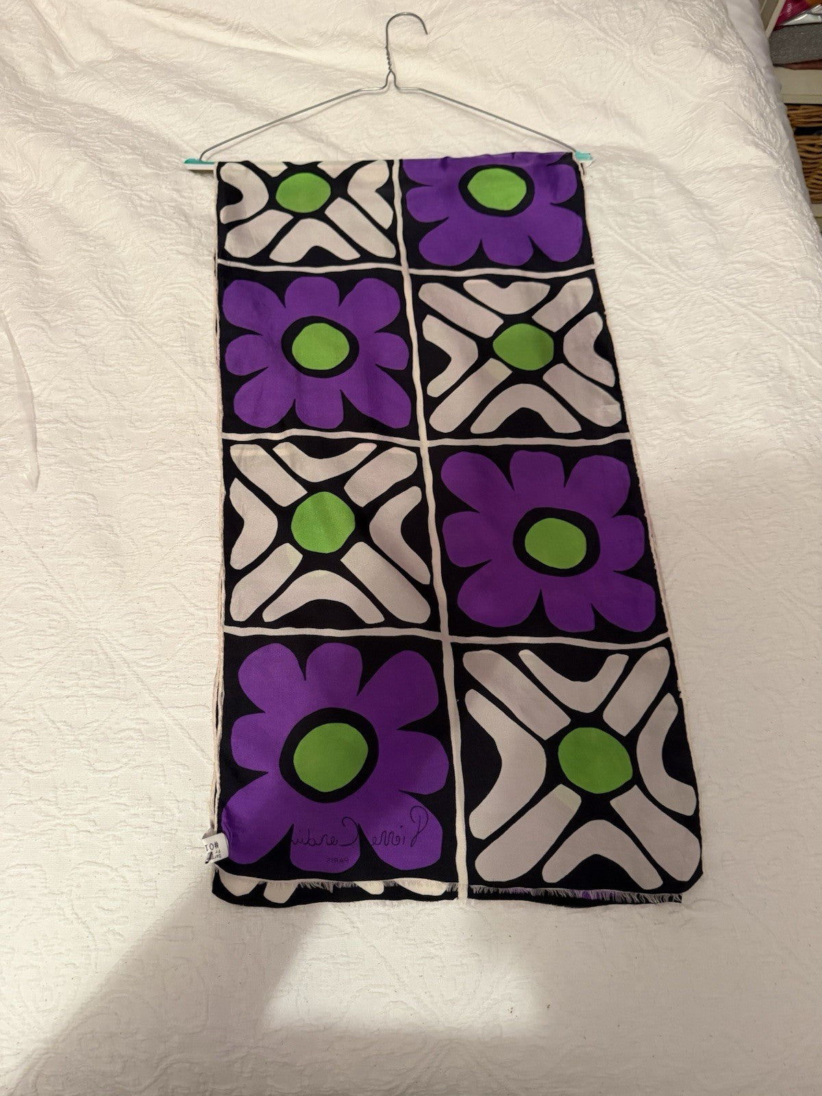 Vintage Pierre Cardin Paris Long Silk Scarf 1970s Mod Floral Purple Green Retro