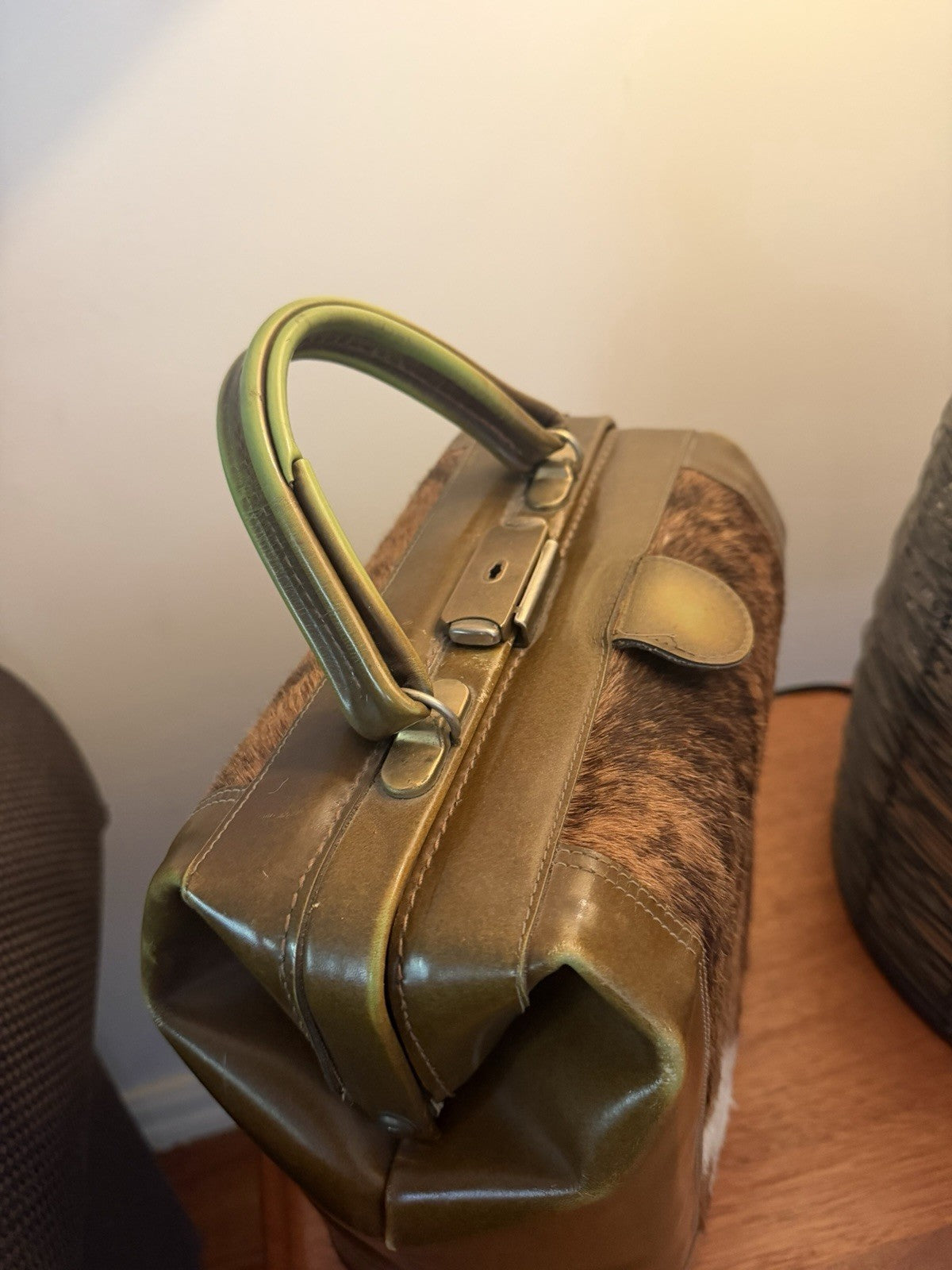 Vintage GOLD PFEIL Steer Hide Cowhide Doctor Bag Handbag Germany 1960s