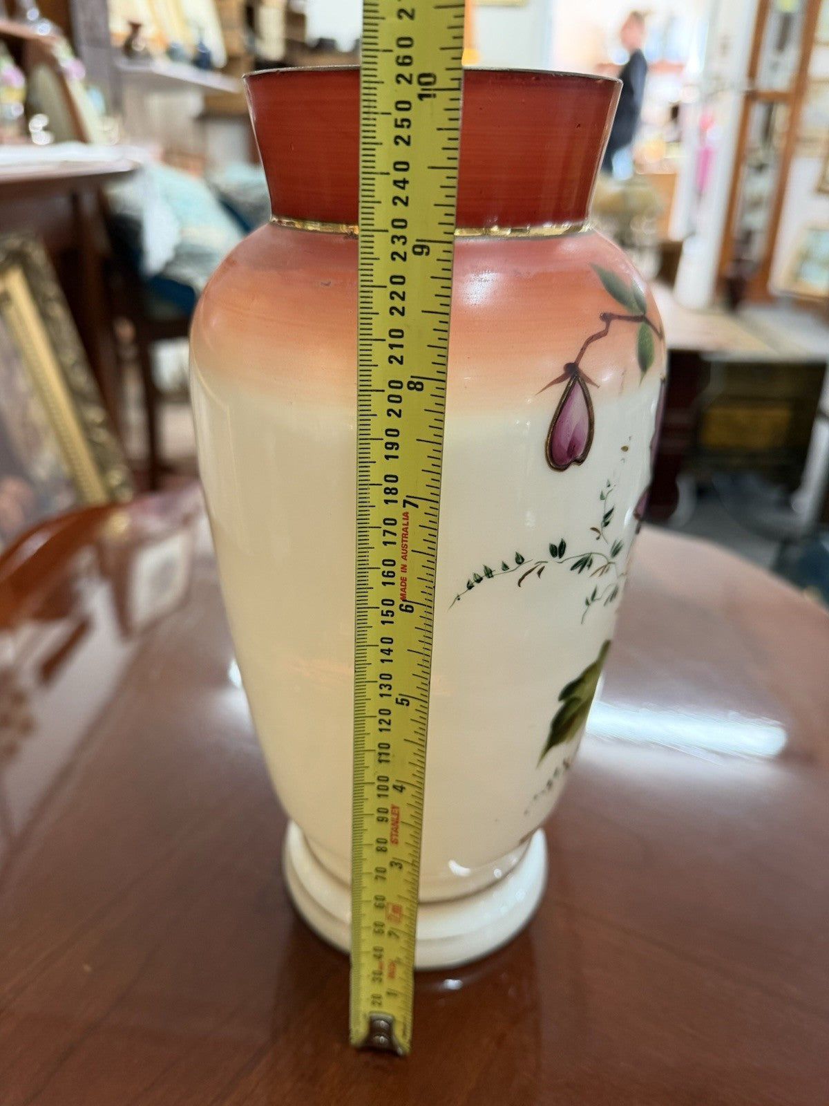 Antique Hand Painted Satin Glass Vase Cranberry Rim Floral Art Glass 25cm