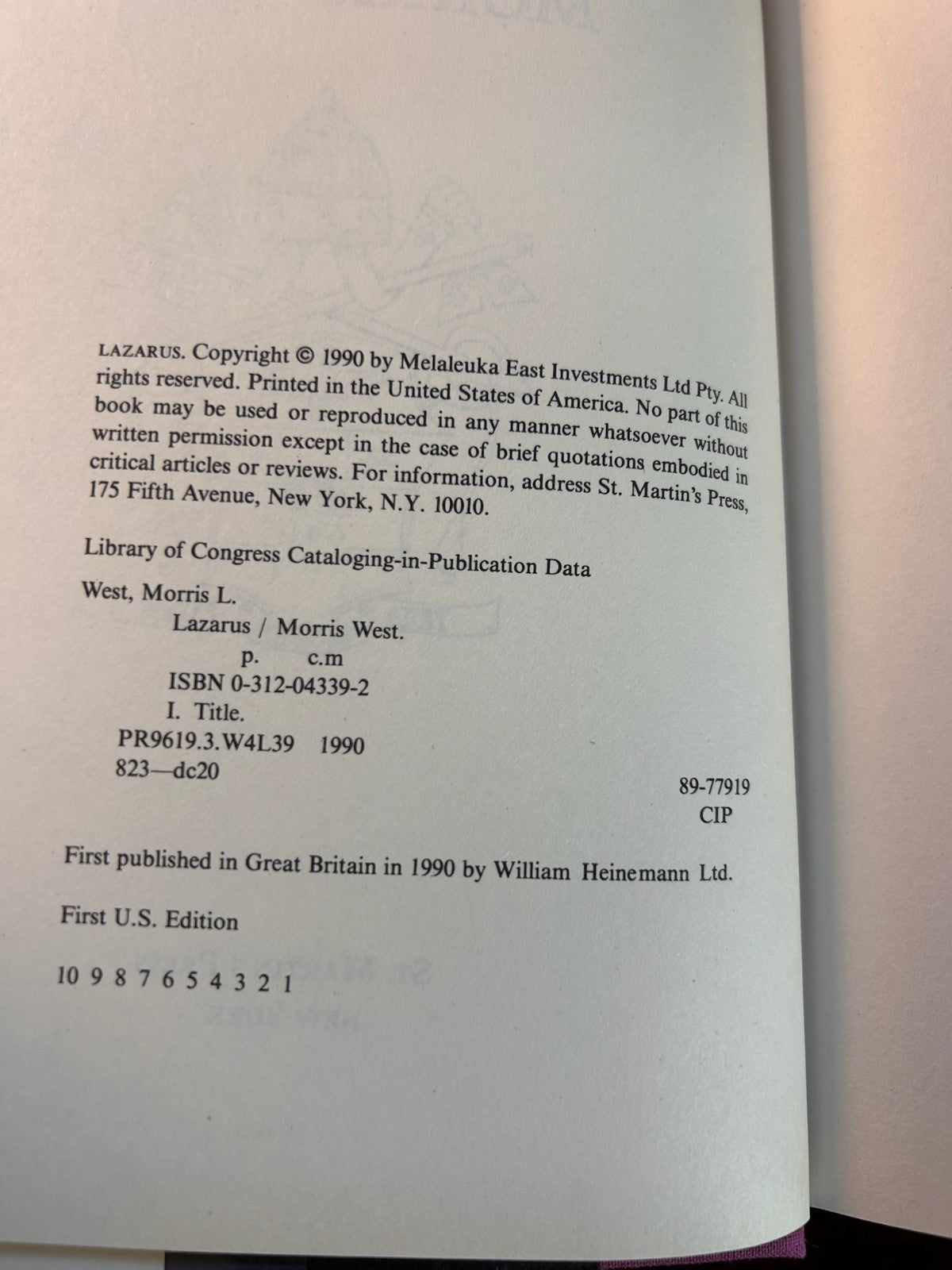 Lazarus - Morris West (1990) First US Edition Hardcover St. Martin's Press