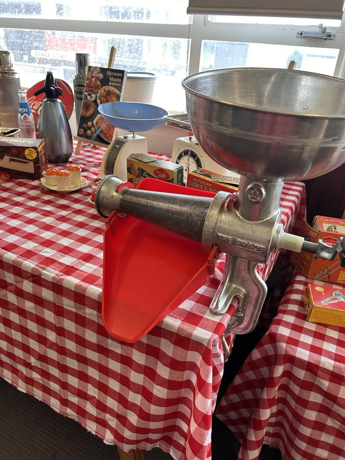 Tre Spade Hand Crank Food Mill Grinder w/ 2 Funnels Vintage Kitchen Italy