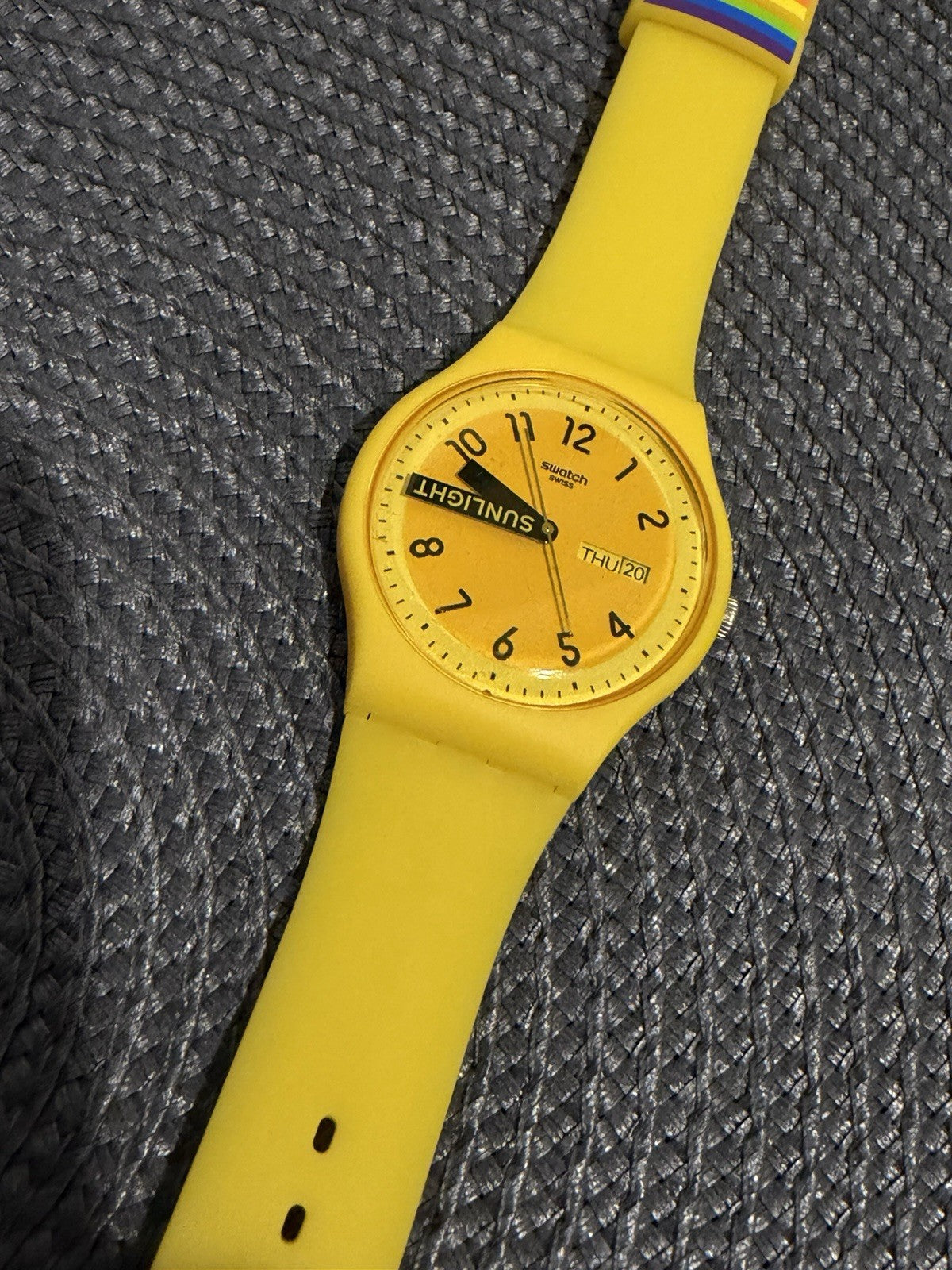 Swatch SUOJ702 Sunlight Yellow Rainbow Strap Swiss Watch Day Date Working
