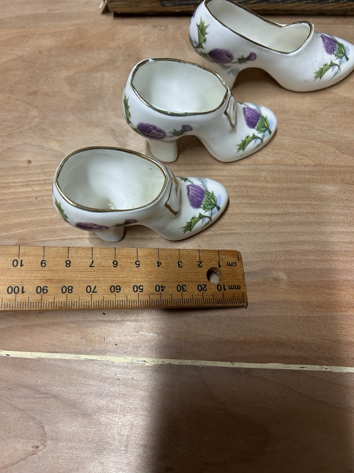 Set of 4 English Bone China Shoe Vases – Thistle Design, Vintage Collectible