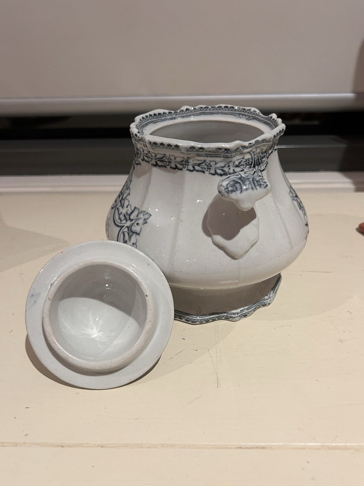 Antique French Blue & White Faience Sugar Bowl w Lid c1900 Ironstone 