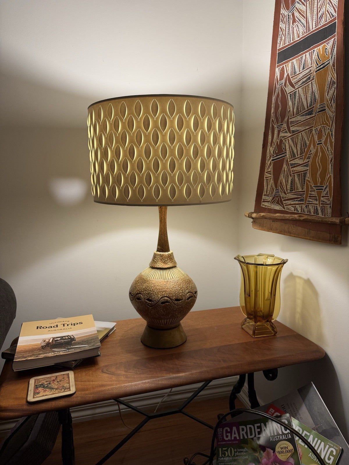 Vintage Mid Century Studio Pottery Table Lamp Ceramic Timber Base Working