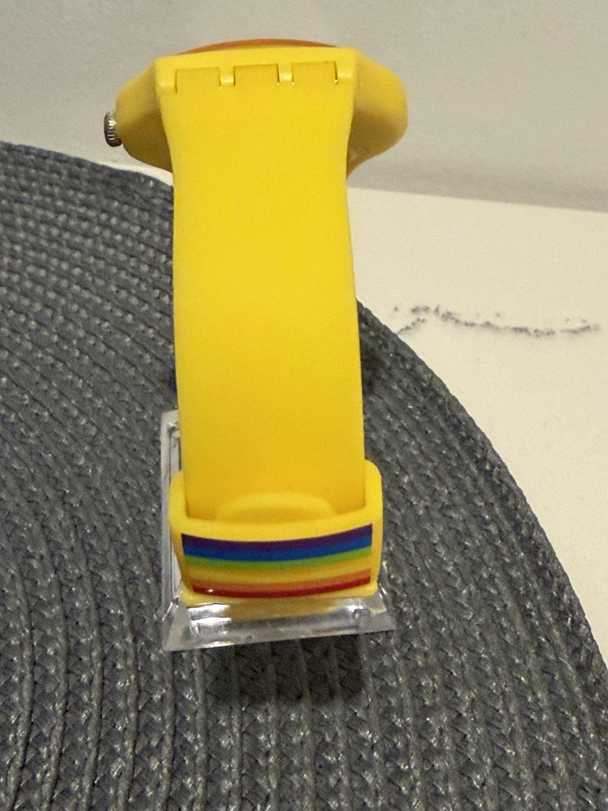 Swatch SUOJ702 Sunlight Yellow Rainbow Strap Swiss Watch Day Date Working