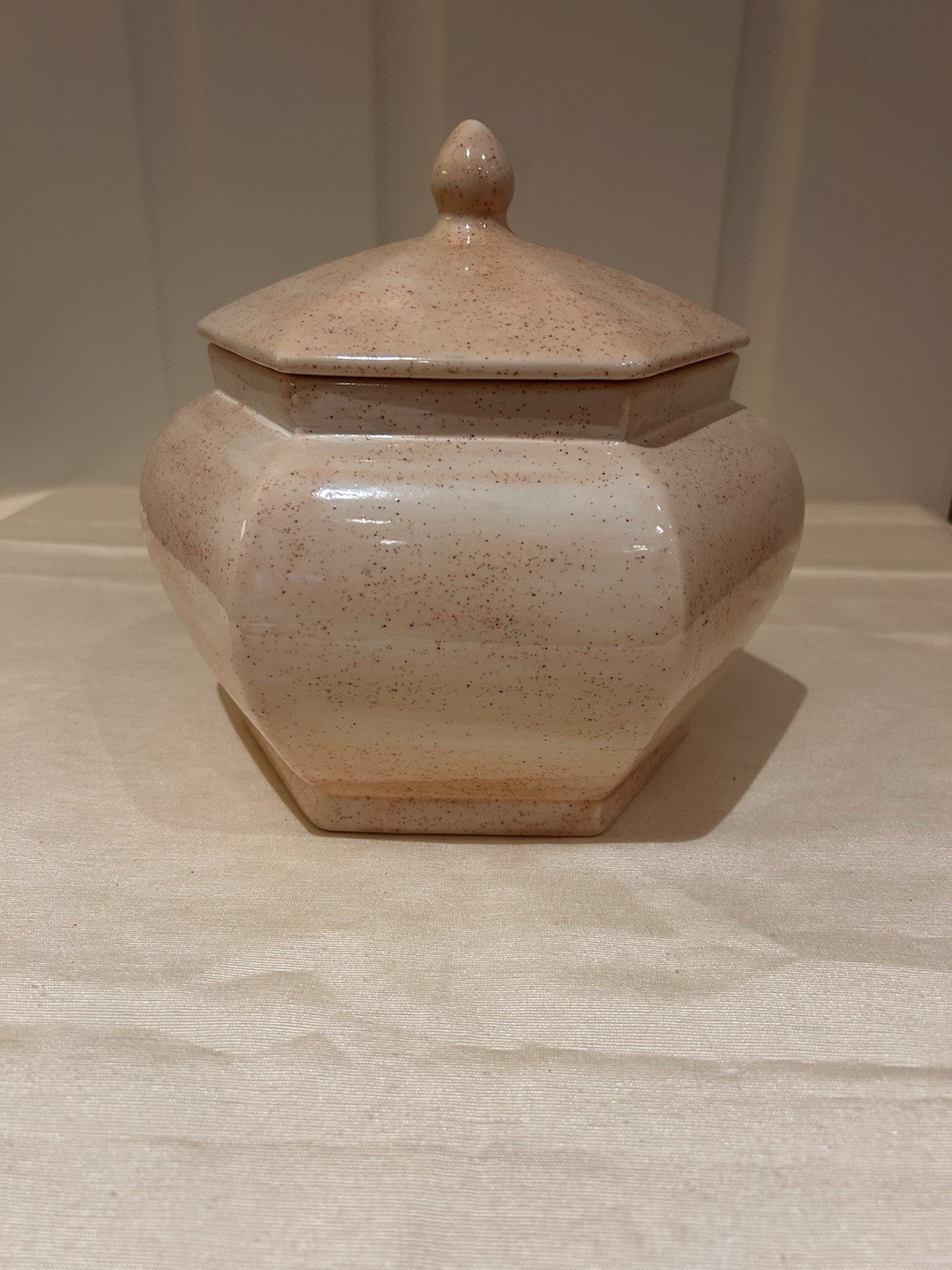 Signed Studio Pottery Lidded Jar Speckled Glaze Hexagonal Form Vintage