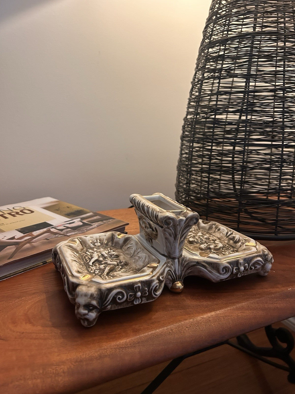 R Capodimonte Large Porcelain Smoking Desk Set Cherubs Italy c1950s