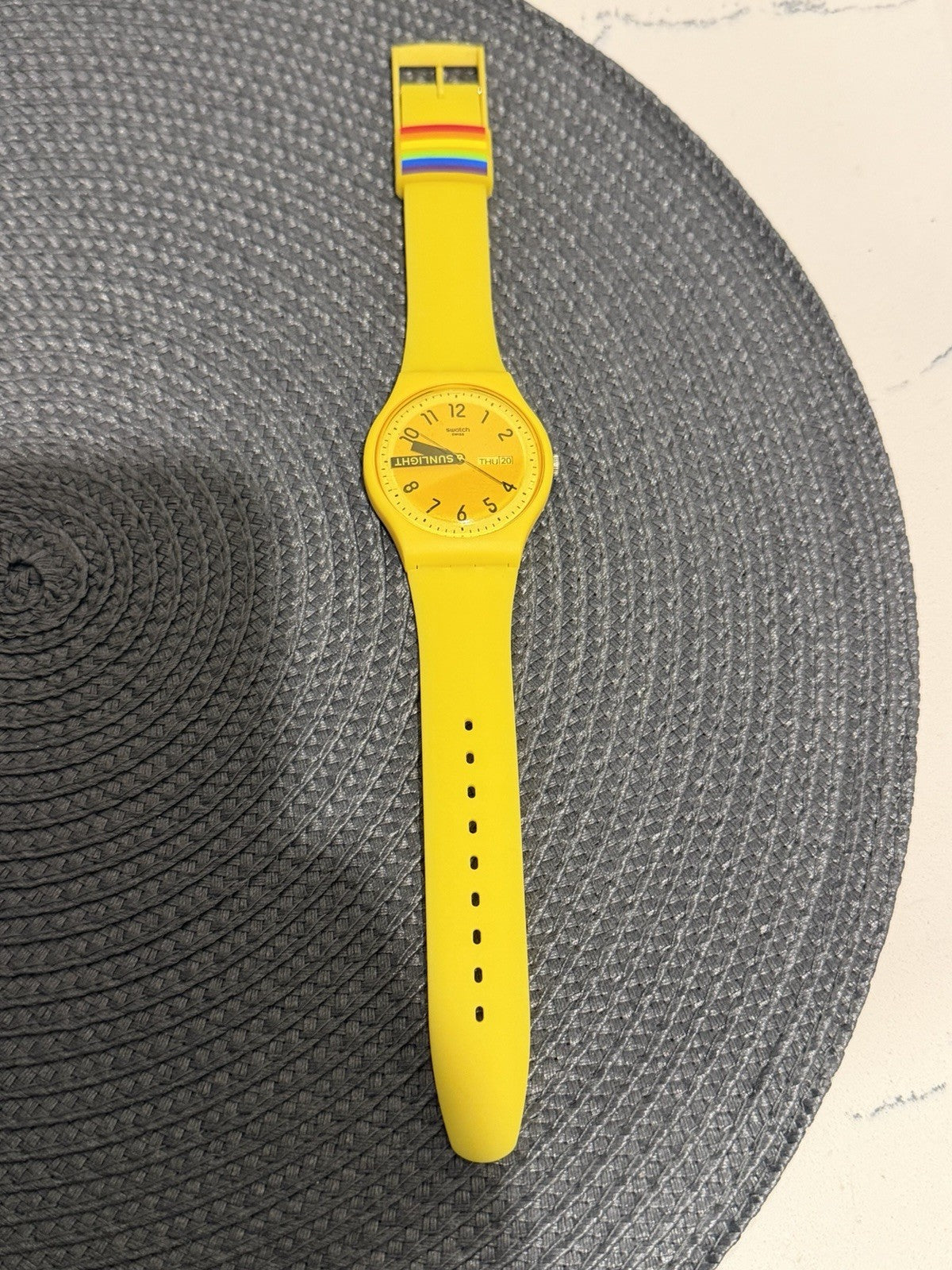 Swatch SUOJ702 Sunlight Yellow Rainbow Strap Swiss Watch Day Date Working