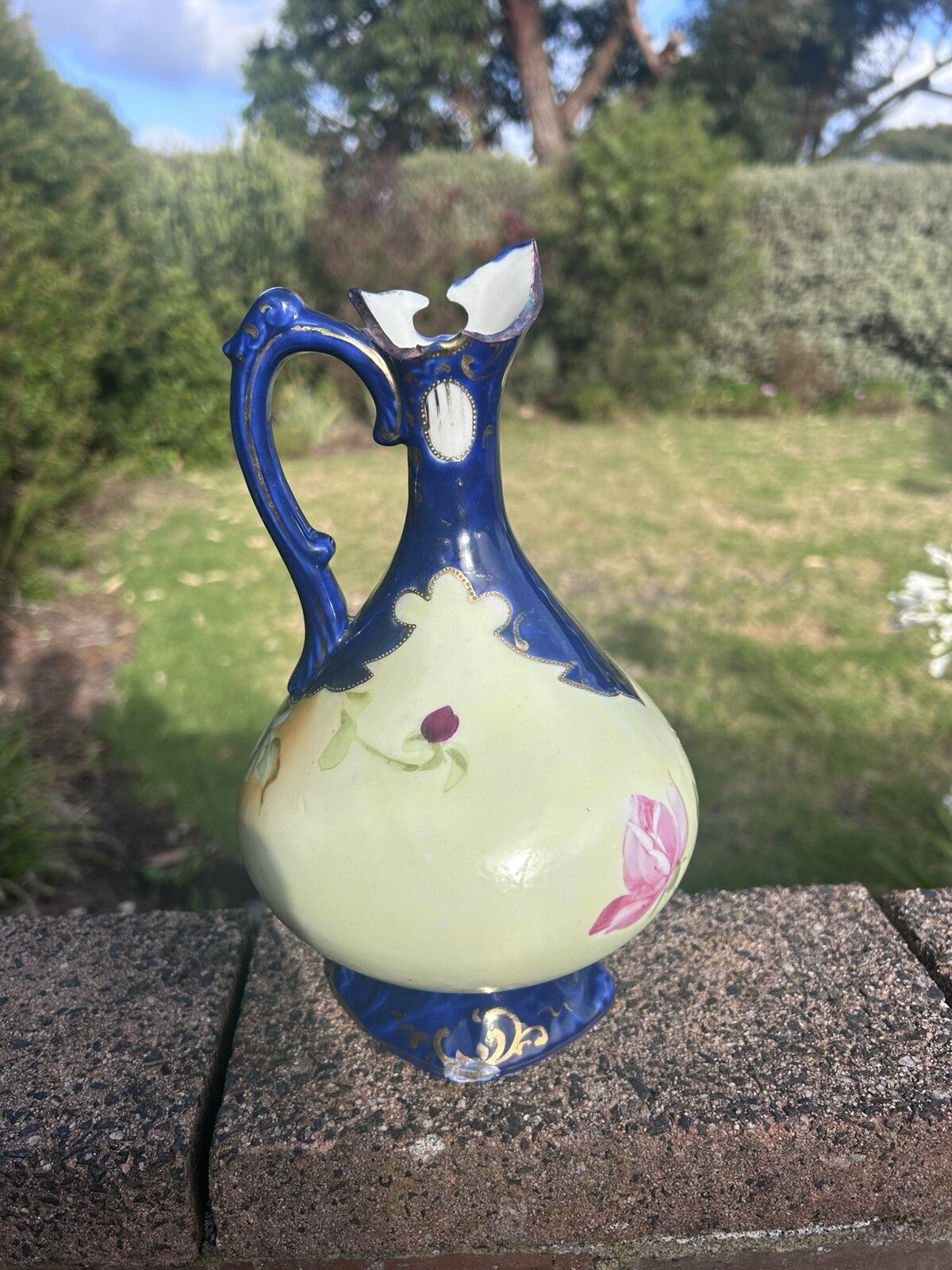 Detailed Japanese Gilded Hand Painted Blue Pitcher - 23 Cm Tall