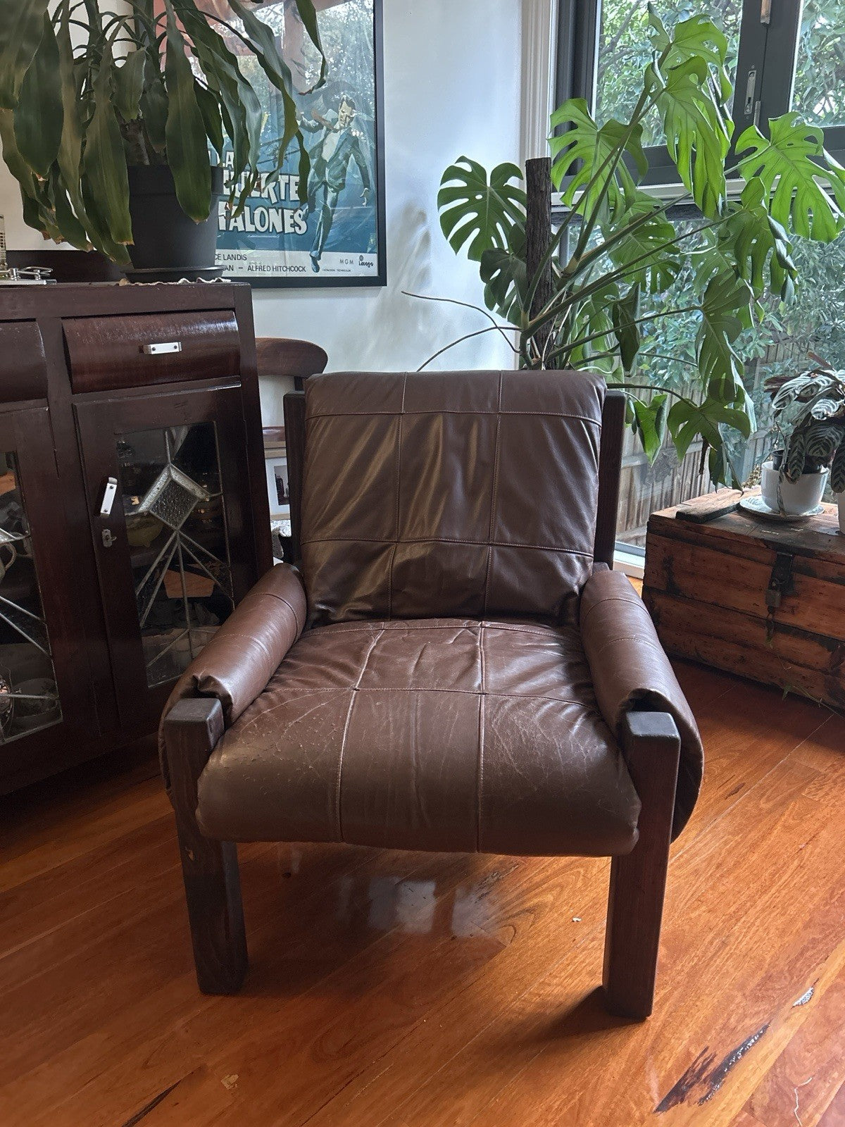 Architectural 1970s Solid Timber & Original Leather Armchair