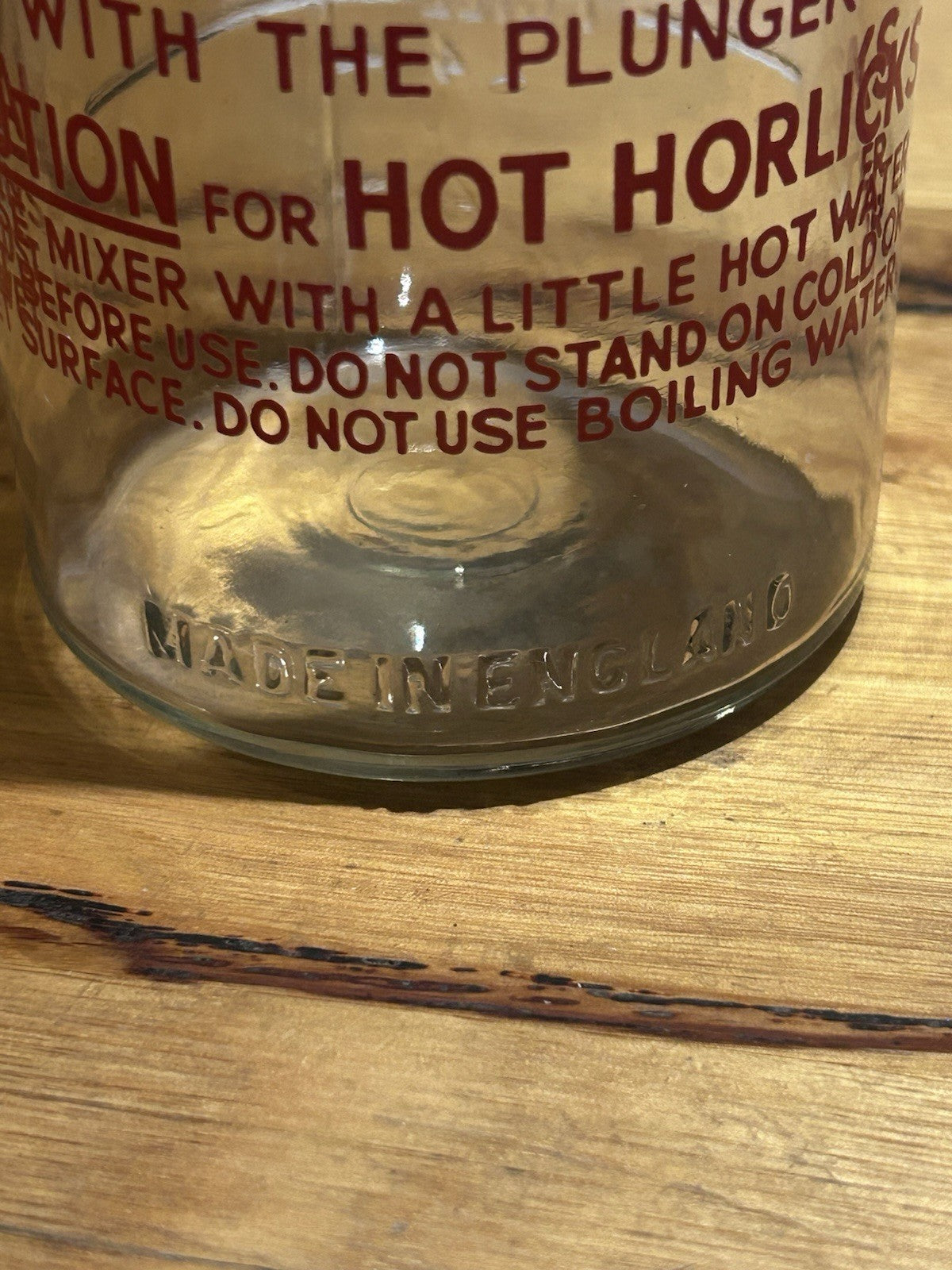 Rare Horlicks Mixer Glass w/ Full Text & Plunger 8oz Made in England c1950s