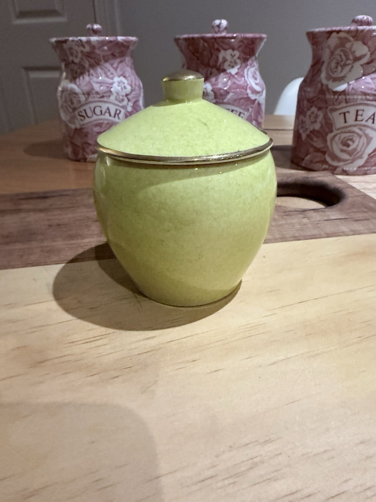 Royal Winton Grimwades Green Sugar Bowl w Lid England Vintage Gold Trim