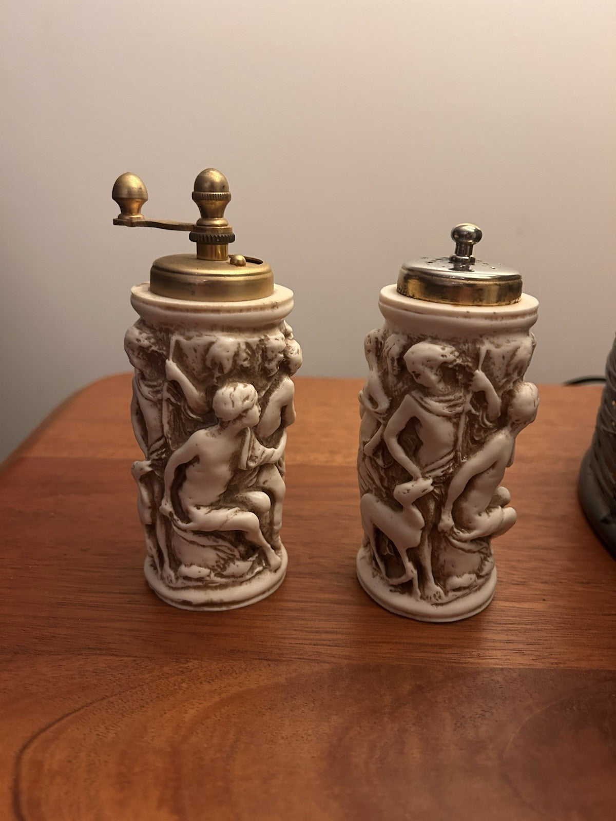 Vintage Cherub Relief Salt Pepper & Pepper Grinder Set Brass Top