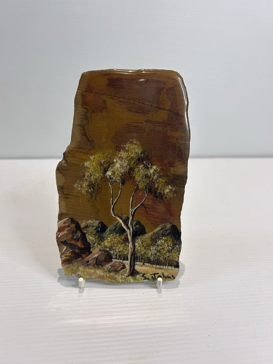 Steve Johns Hand Painted Petrified Wood Art Mareeba QLD Outback Scene