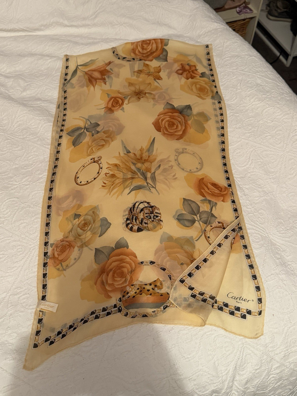 Vintage Cartier Paris Silk Scarf 162cm Panther Jewellery Roses Floral Stole