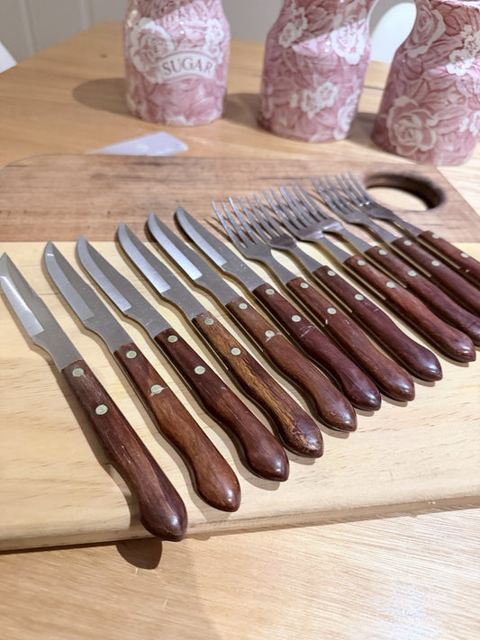 Vintage Richards Cutlers Ltd Sheffield Steak Knife Fork Set 12pc 1960s 70s