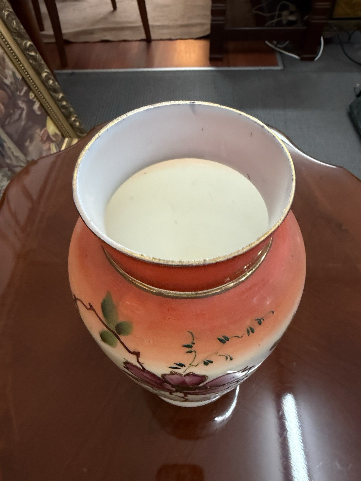Antique Hand Painted Satin Glass Vase Cranberry Rim Floral Art Glass 25cm