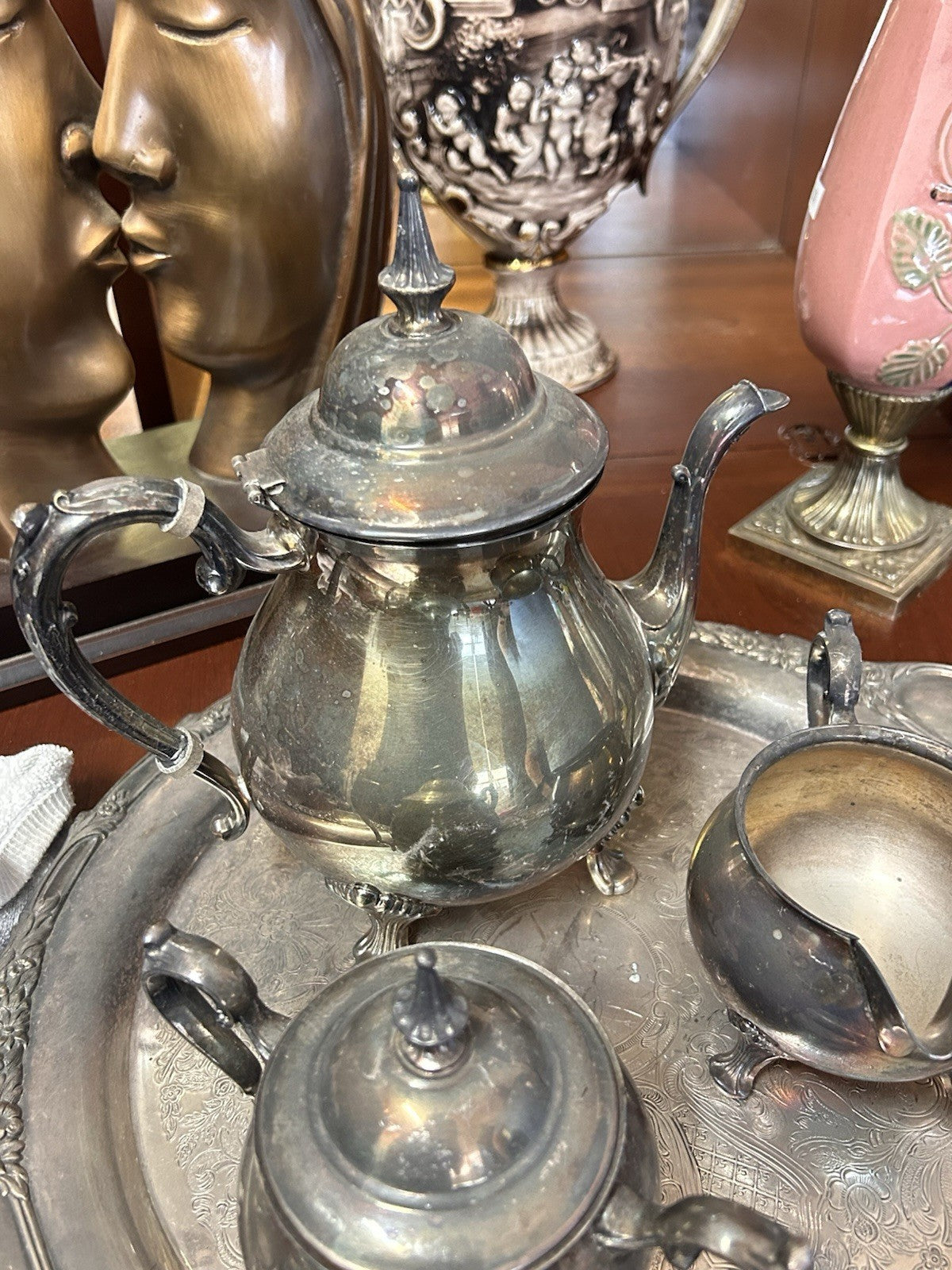 Rodd Silverplate Tea Set w Grosvenor Tray Teapot Sugar Creamer Vintage 