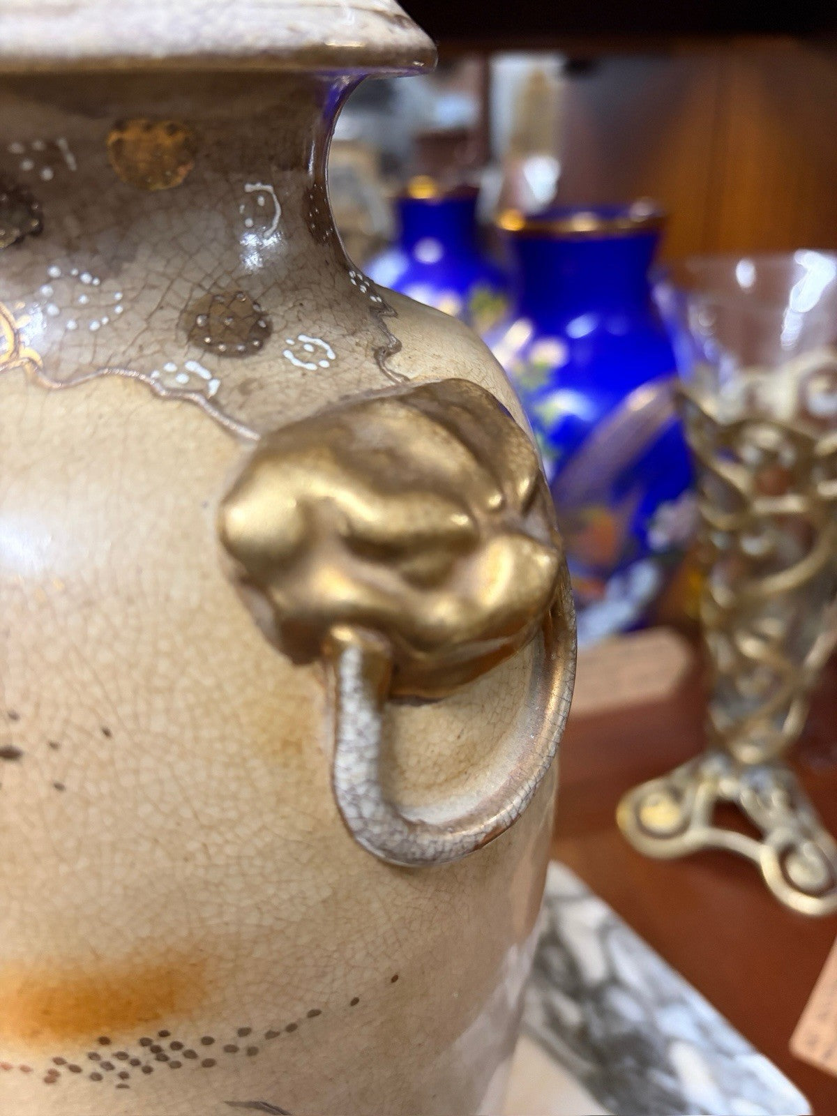 Antique Japanese Satsuma Style Vase 31cm Lion Mask Handles Meiji c1900-1920