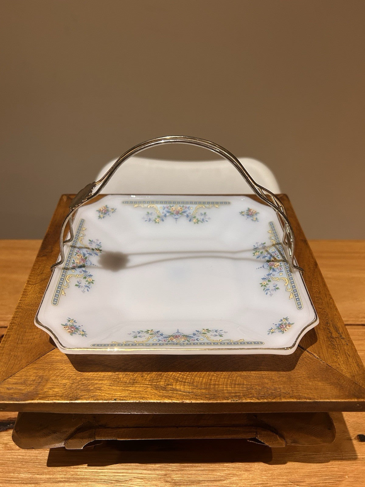 Vintage MP USA Home Set Porcelain Cake Plate w Handle Floral Gold Trim
