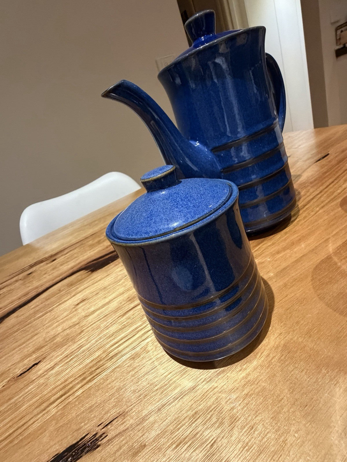 Mid Century Japanese Blue Pottery Coffee Set Teapot Mugs Creamer 1960s 7pc
