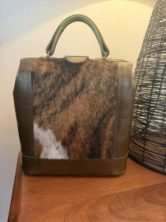Vintage GOLD PFEIL Steer Hide Cowhide Doctor Bag Handbag Germany 1960s