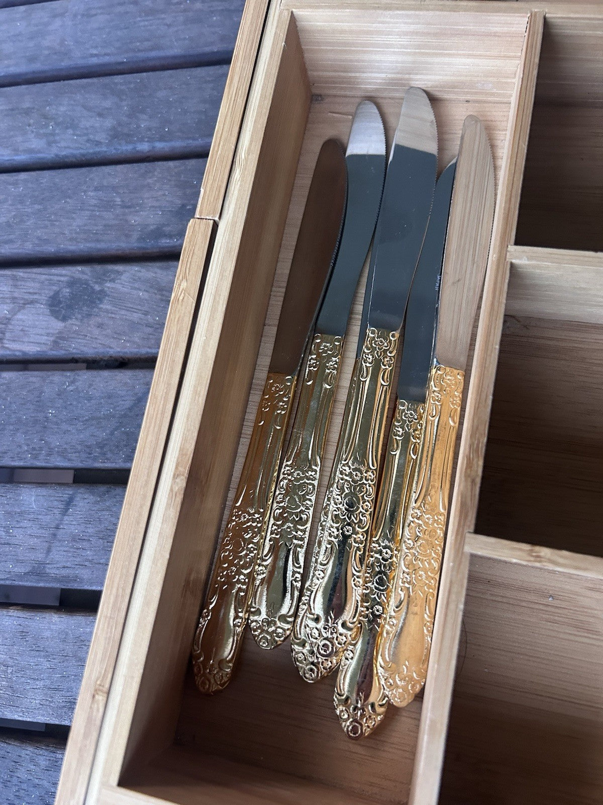 Vintage Gold Stainless Steel 49pc Cutlery Set Japan Ornate Floral Pattern