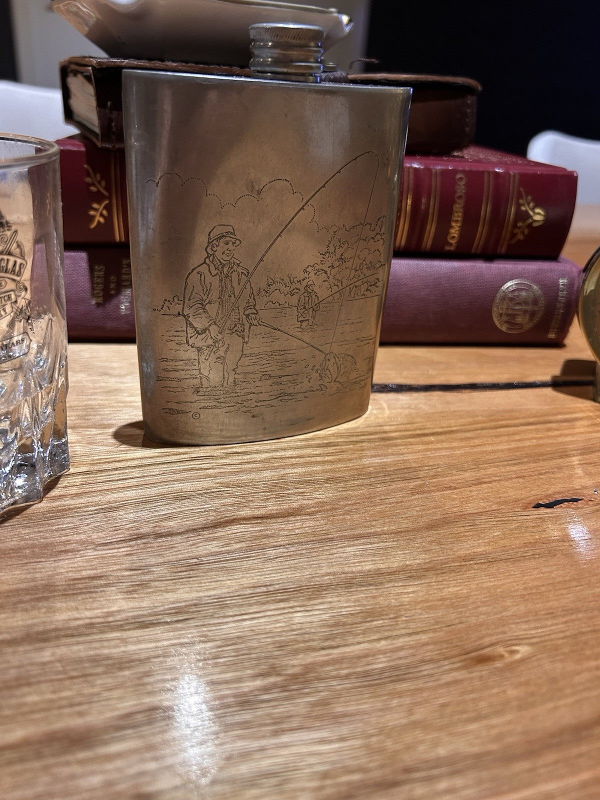  Comoy’s English Pewter 6oz Hip Flask Fishing Scene Sheffield England